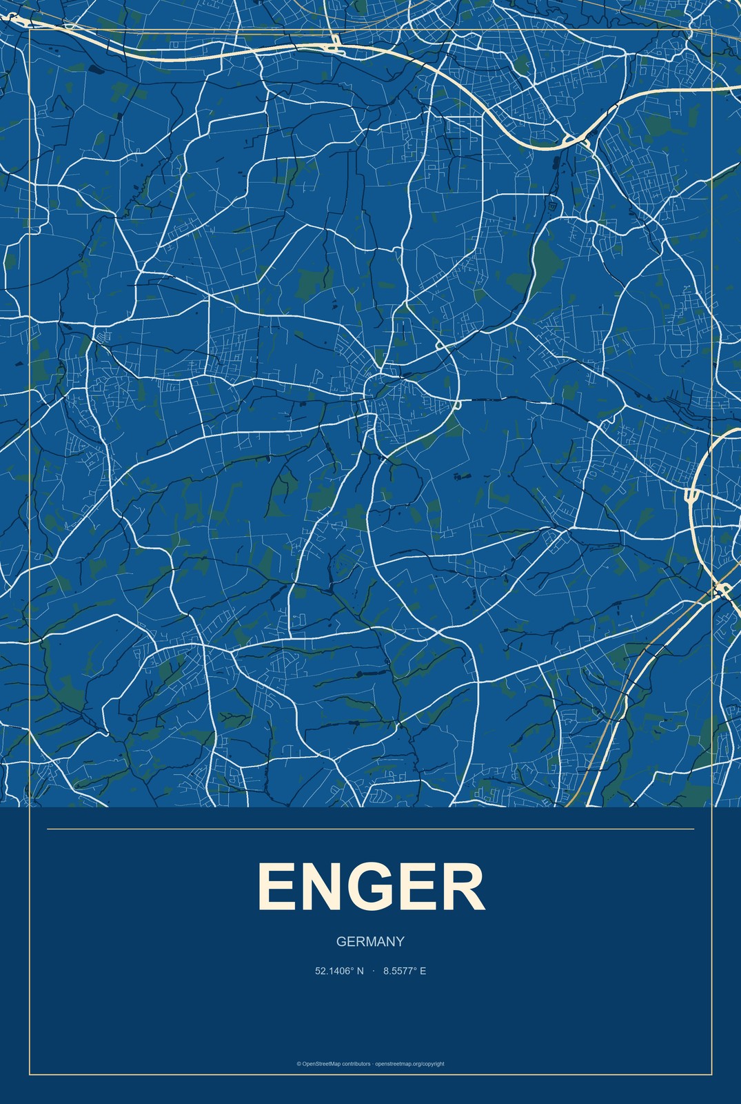 Enger, Germany City Map Aluminum Sign in Harbor Cobalt style