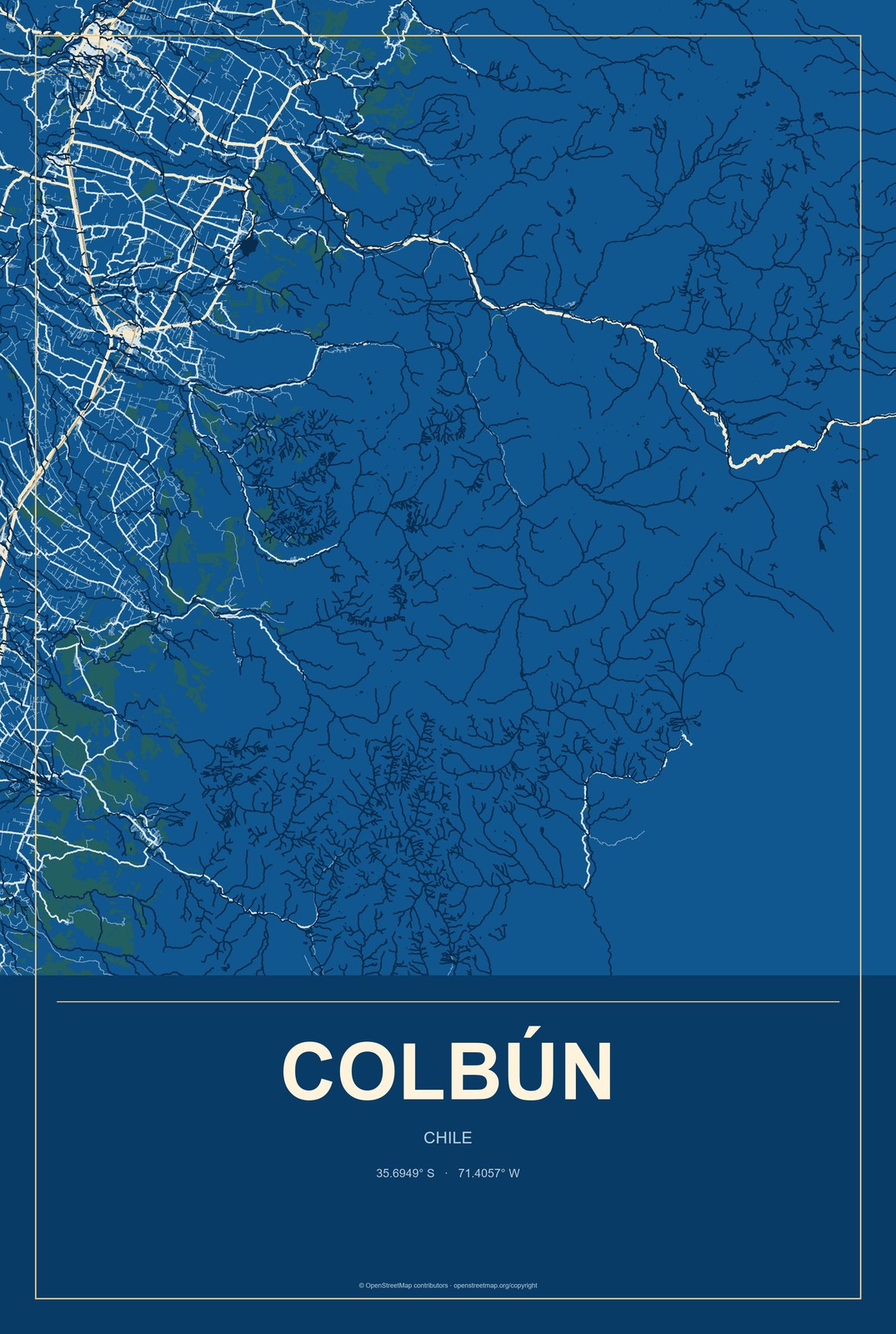 Colbún, Chile City Map Aluminum Sign in Harbor Cobalt style