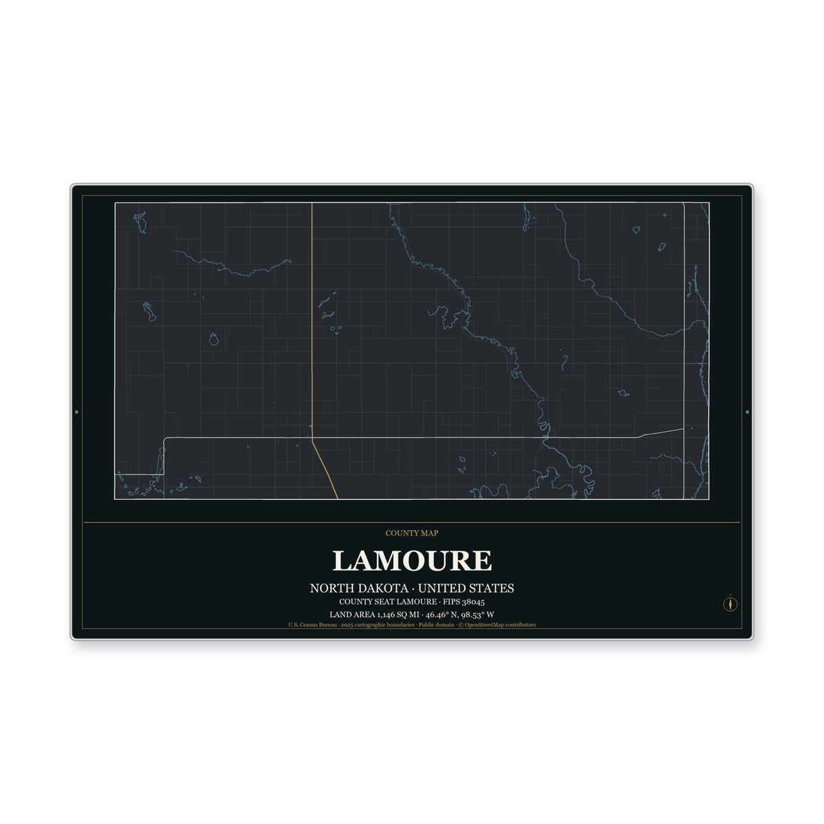 LaMoure County, North Dakota Map Aluminum Sign in Metropolitan Noir style
