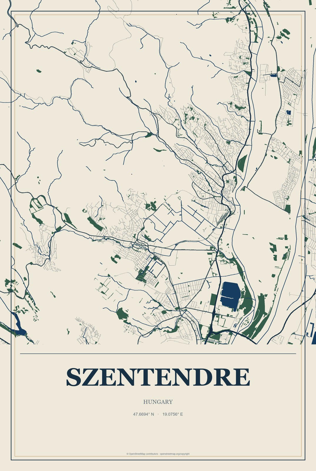 Szentendre, Hungary City Map Aluminum Sign in Coastal Cutout style