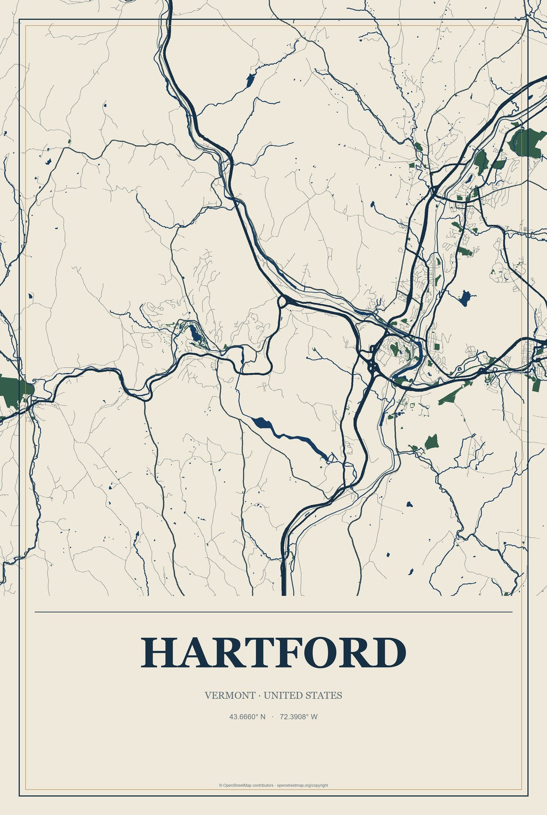 Hartford, Vermont City Map Aluminum Sign in Coastal Cutout style