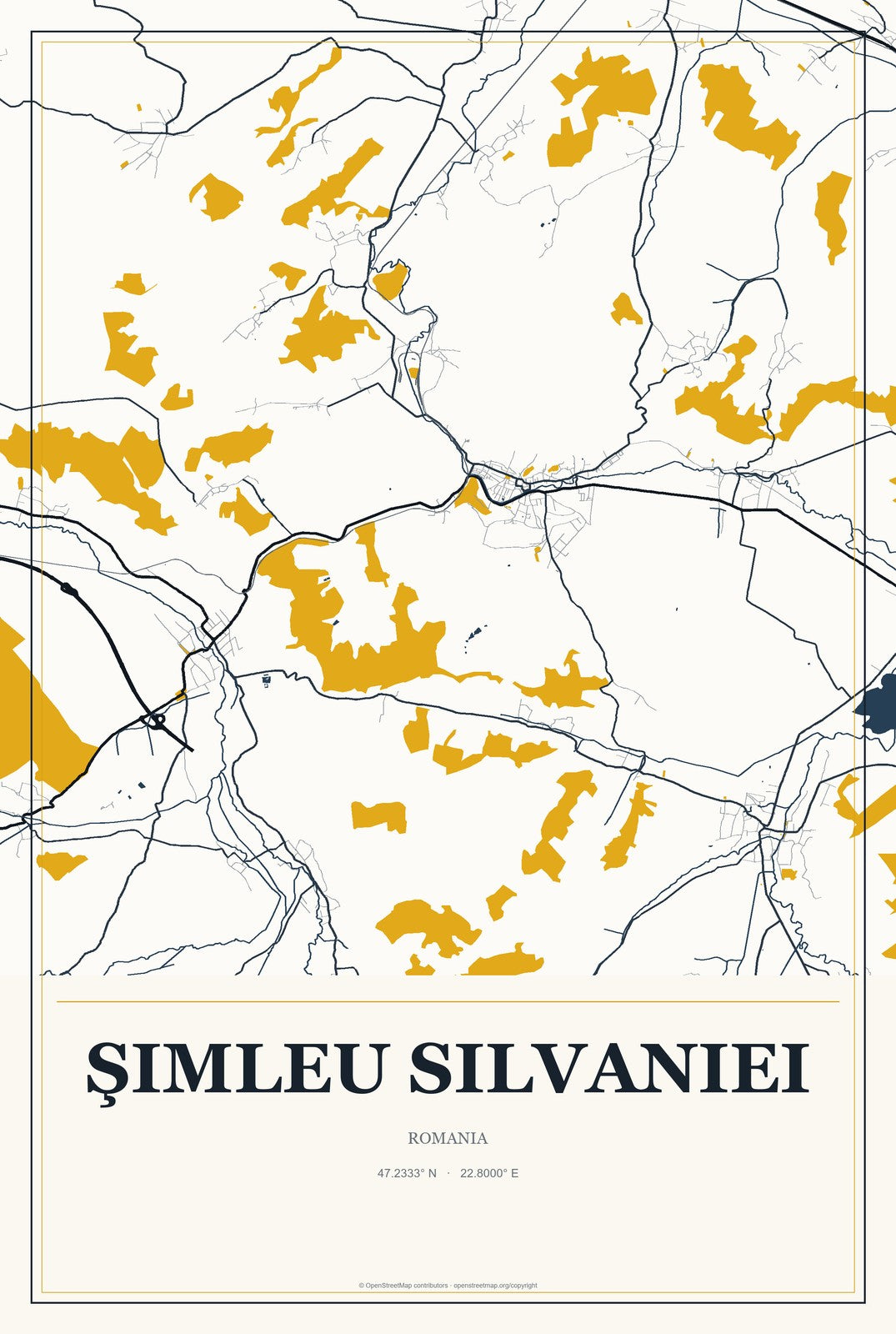 Şimleu Silvaniei, Romania City Map Aluminum Sign in Citrine Modern style