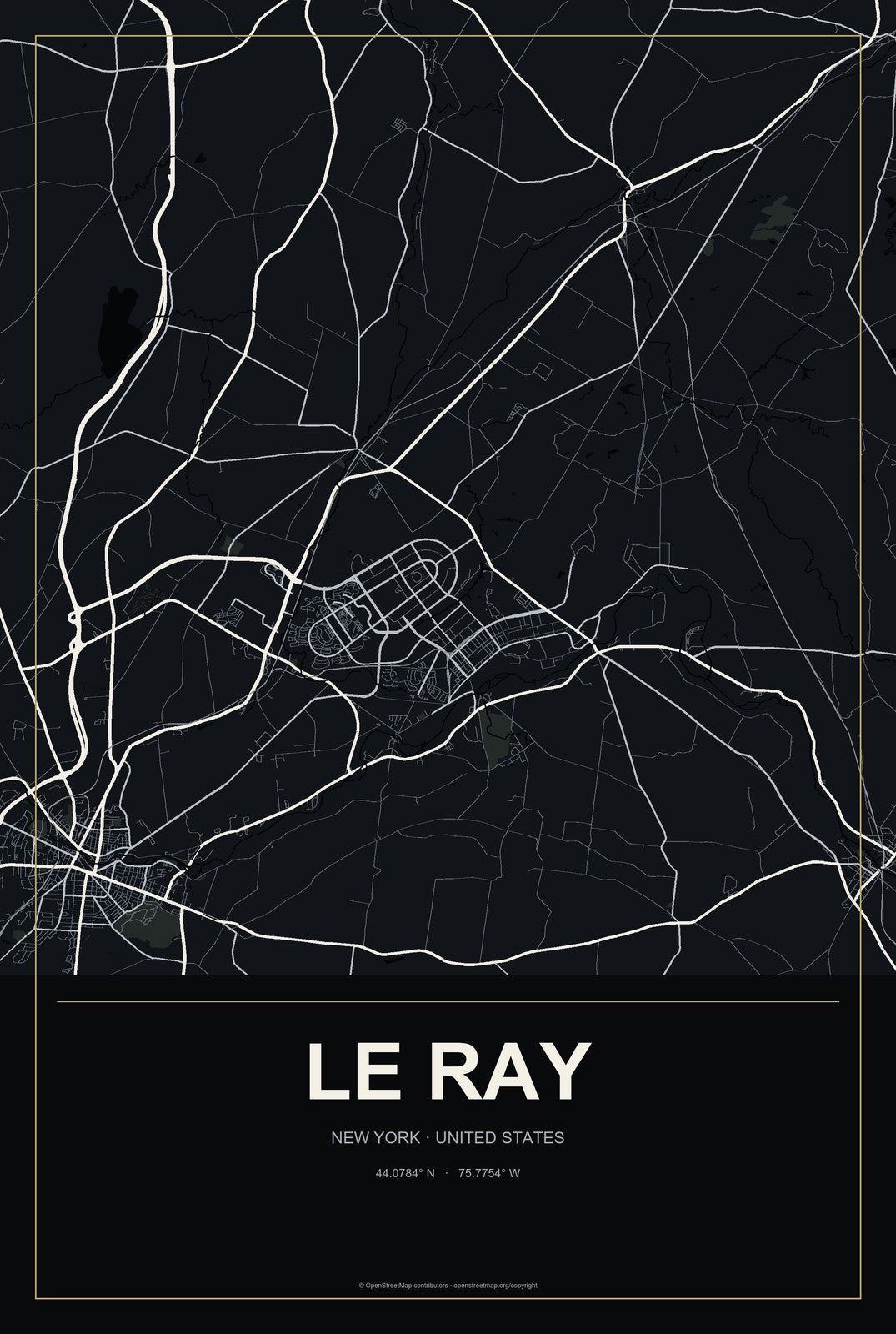 Le Ray, New York City Map Aluminum Sign in Metropolitan Noir style