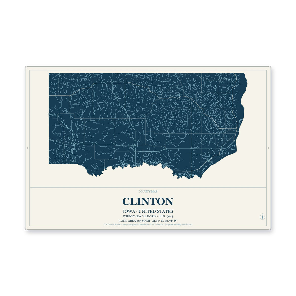 Clinton County, Iowa Map Aluminum Sign in Coastal Cutout style