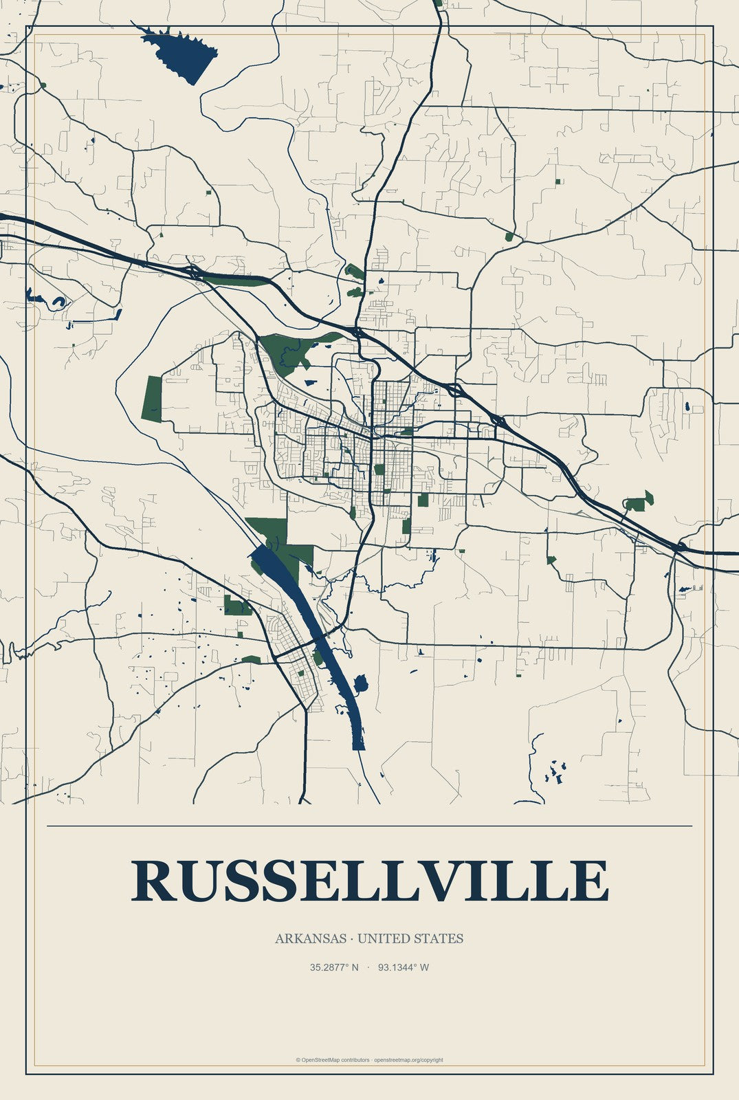 Russellville, Arkansas City Map Aluminum Sign in Coastal Cutout style