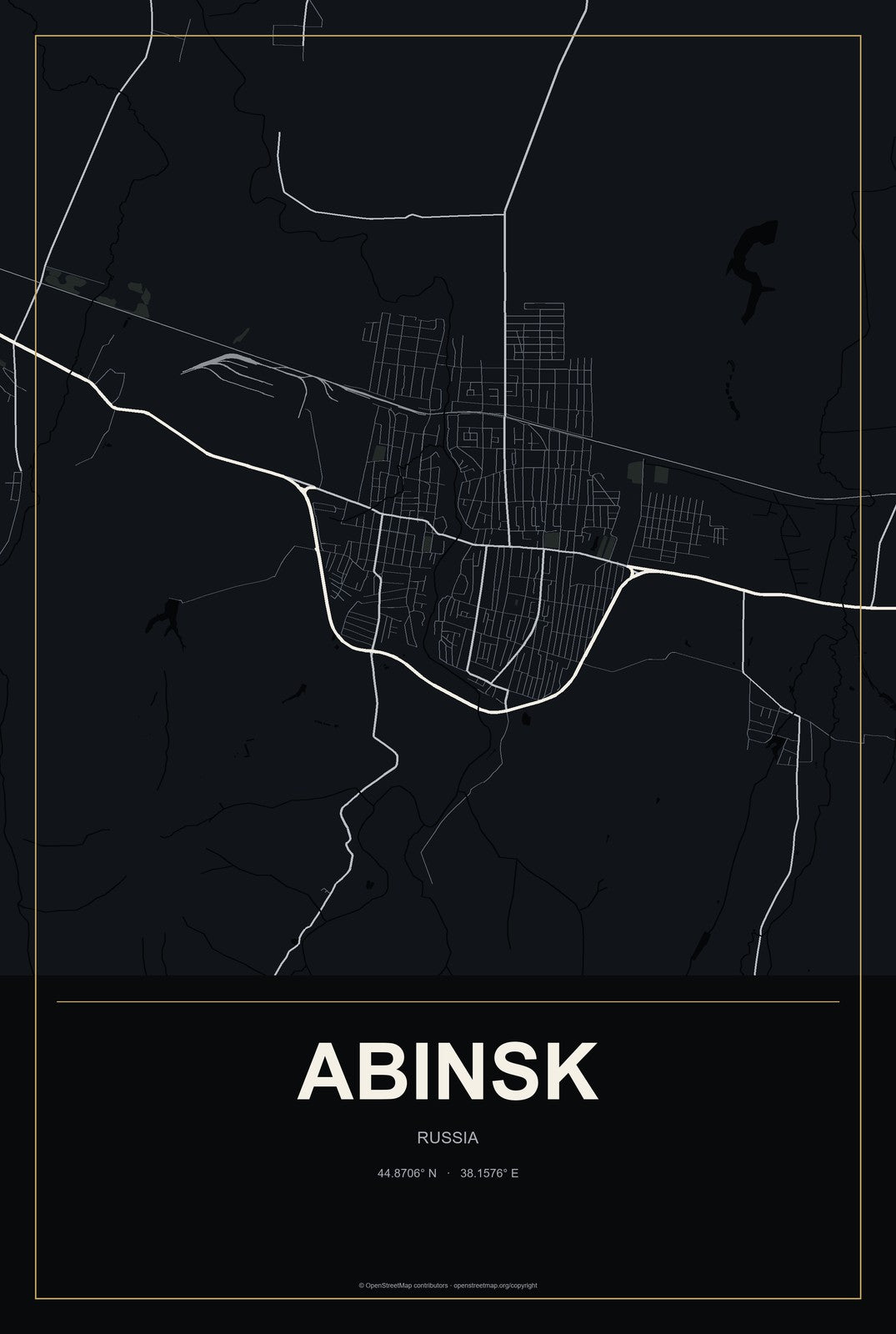 Abinsk, Russia City Map Aluminum Sign in Metropolitan Noir style