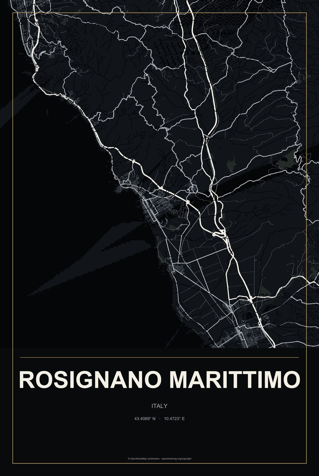 Rosignano Marittimo, Italy City Map Aluminum Sign in Metropolitan Noir style
