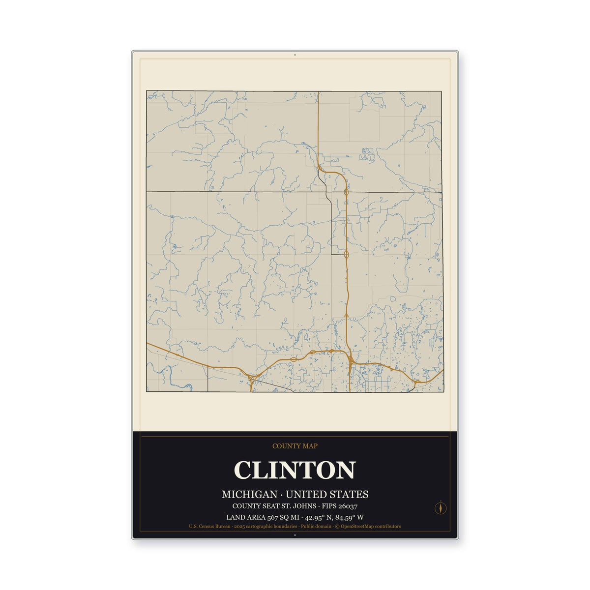 Clinton County, Michigan Map Aluminum Sign in Museum Plaque style