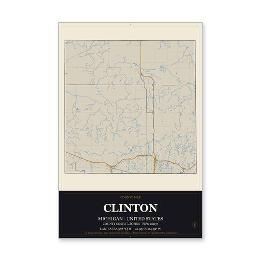 Clinton County, Michigan Map Aluminum Sign in Museum Plaque style