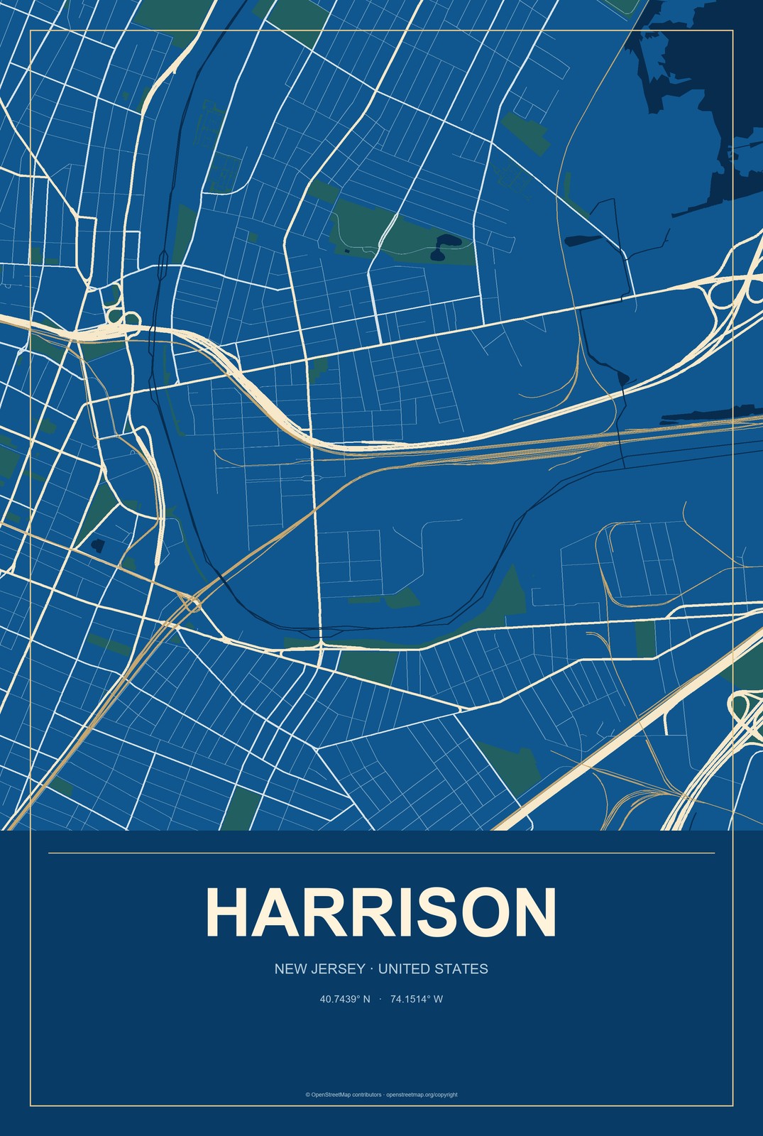 Harrison, New Jersey City Map Aluminum Sign in Harbor Cobalt style