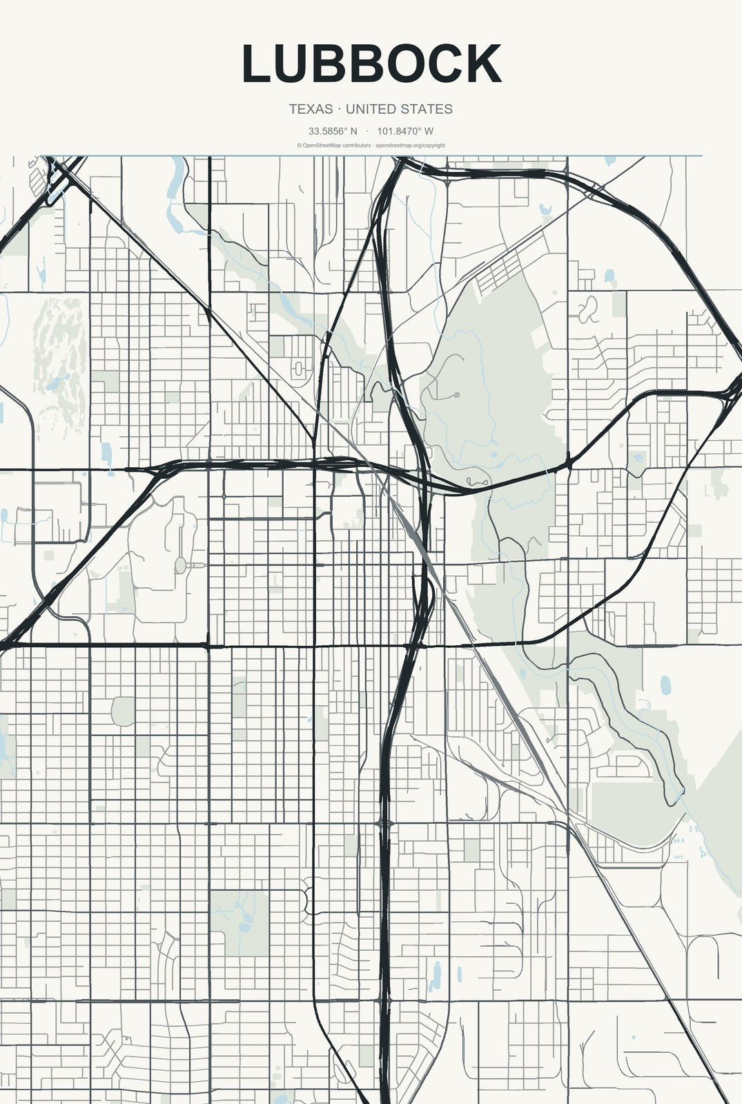 Lubbock, Texas City Map Aluminum Sign in Headline Atlas style