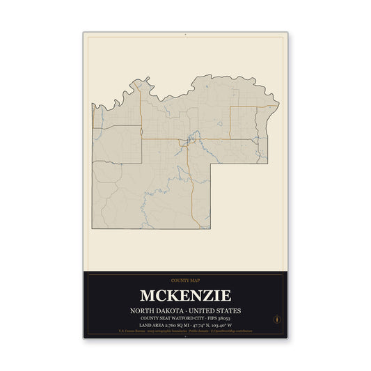 McKenzie County, North Dakota Map Aluminum Sign in Museum Plaque style