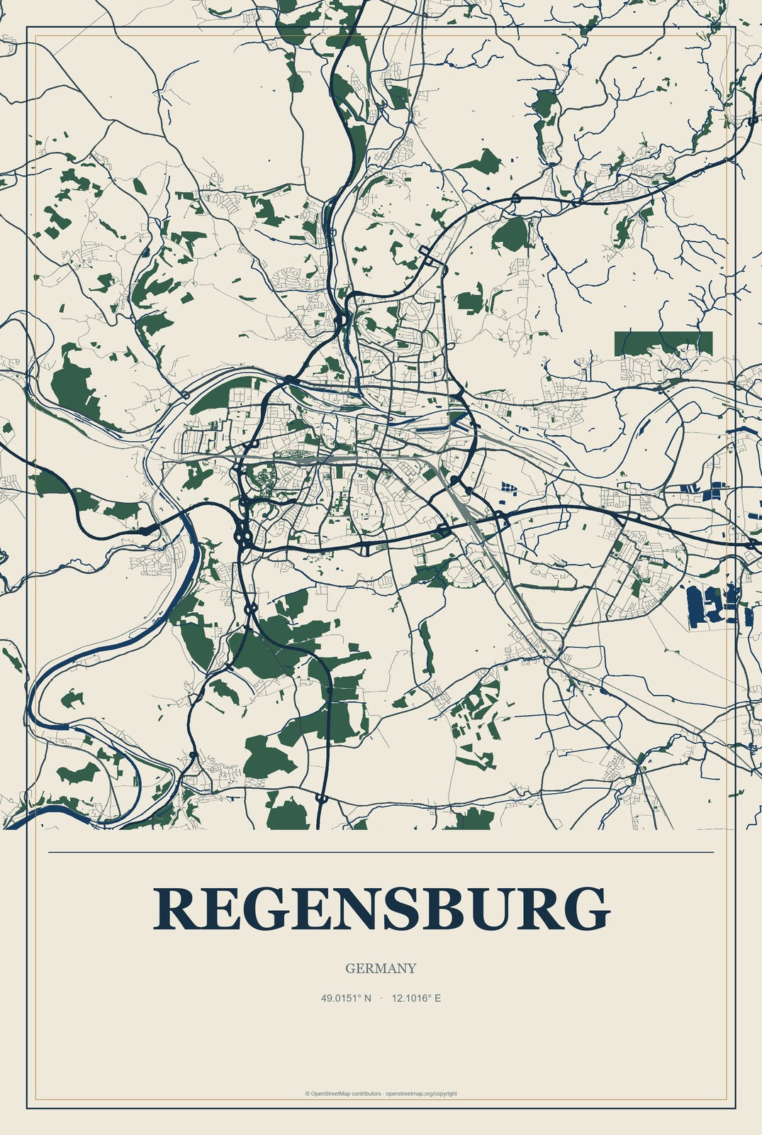 Regensburg, Germany City Map Aluminum Sign in Coastal Cutout style