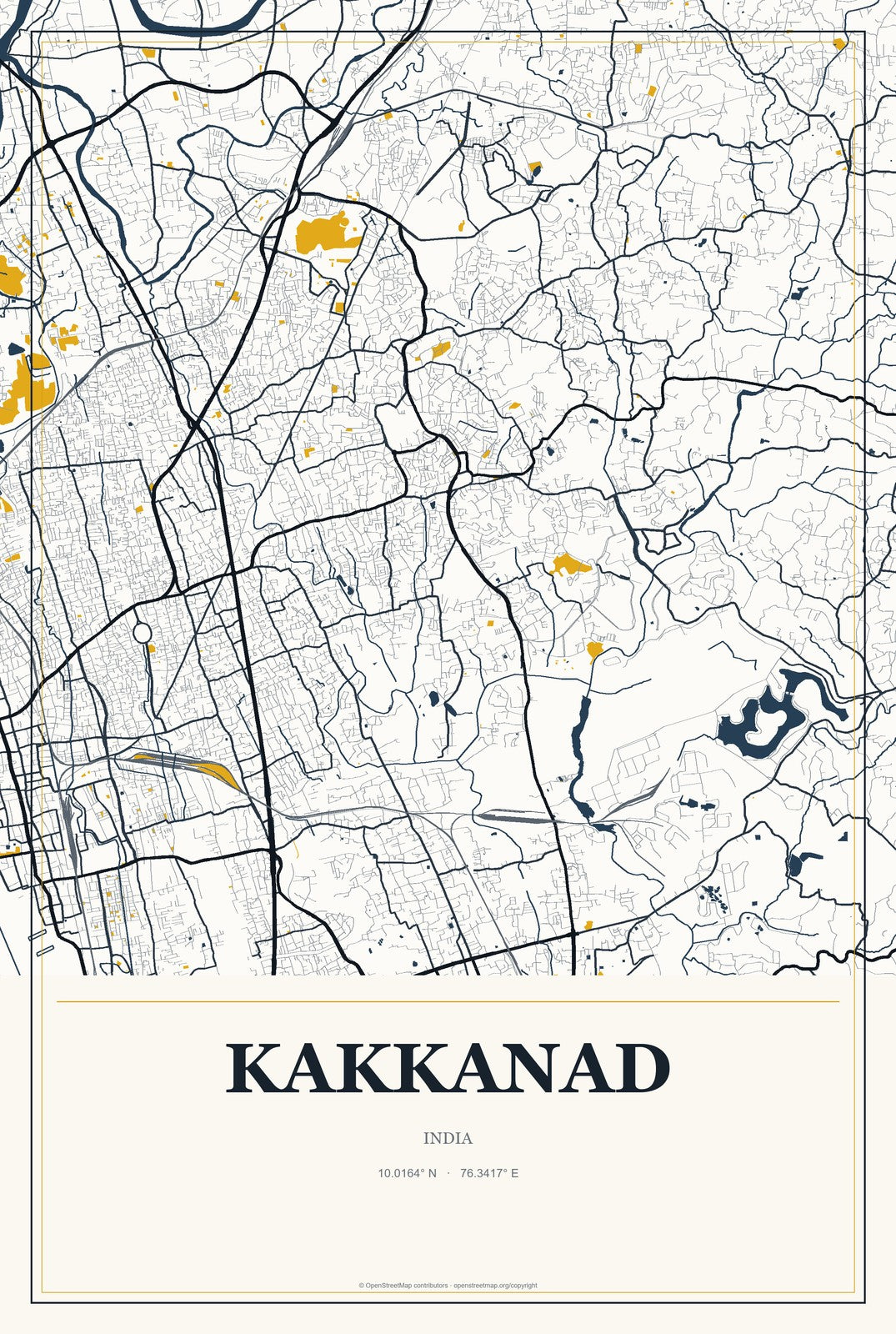 Kakkanad, India City Map Aluminum Sign in Citrine Modern style