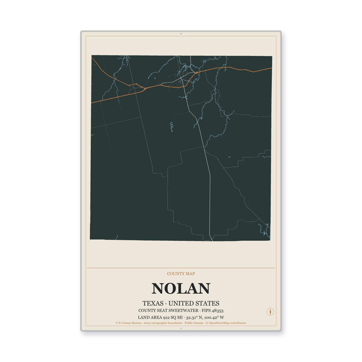 Nolan County, Texas Map Aluminum Sign in Headline Atlas style