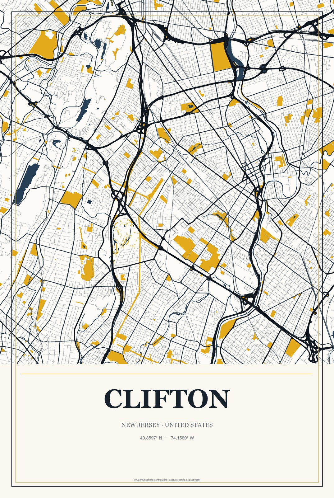 Clifton, New Jersey City Map Aluminum Sign in Citrine Modern style