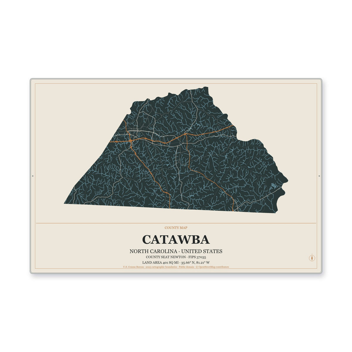Catawba County, North Carolina Map Aluminum Sign in Headline Atlas style