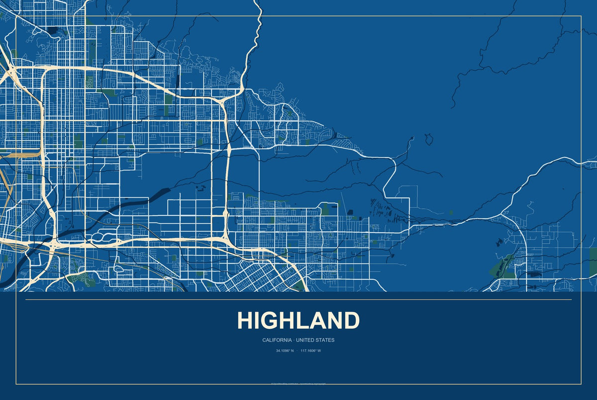 Highland, California City Map Aluminum Sign in Harbor Cobalt style