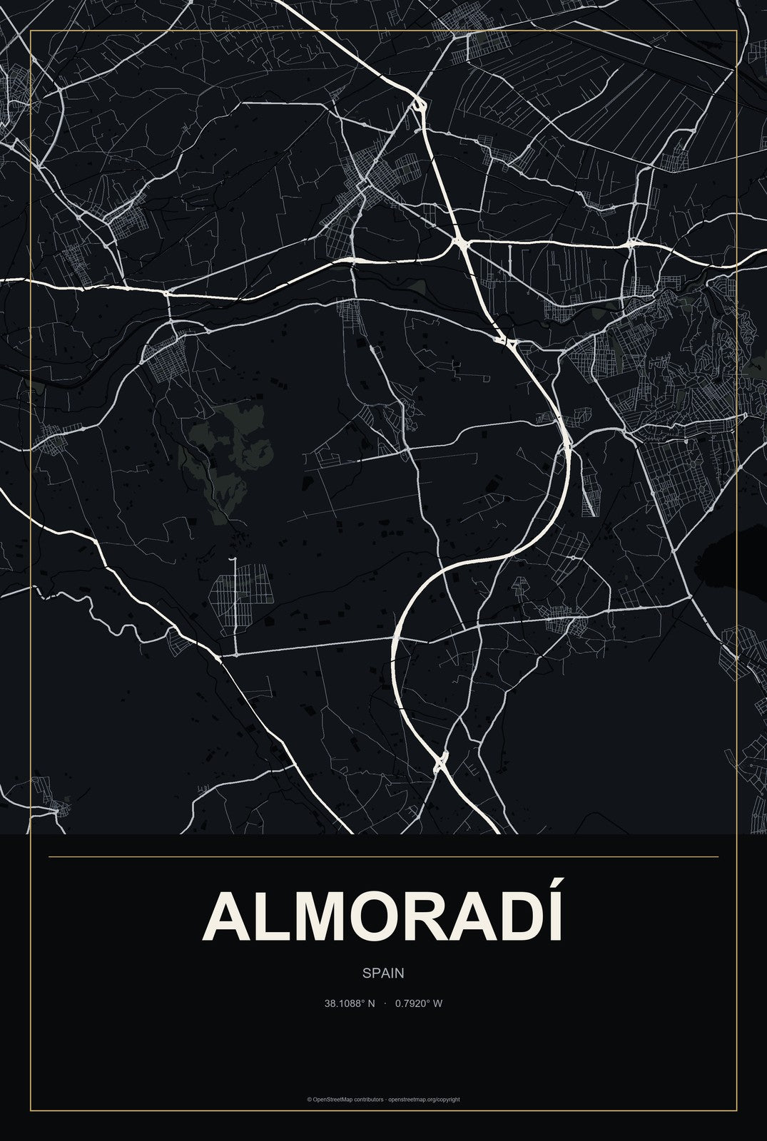 Almoradí, Spain City Map Aluminum Sign in Metropolitan Noir style