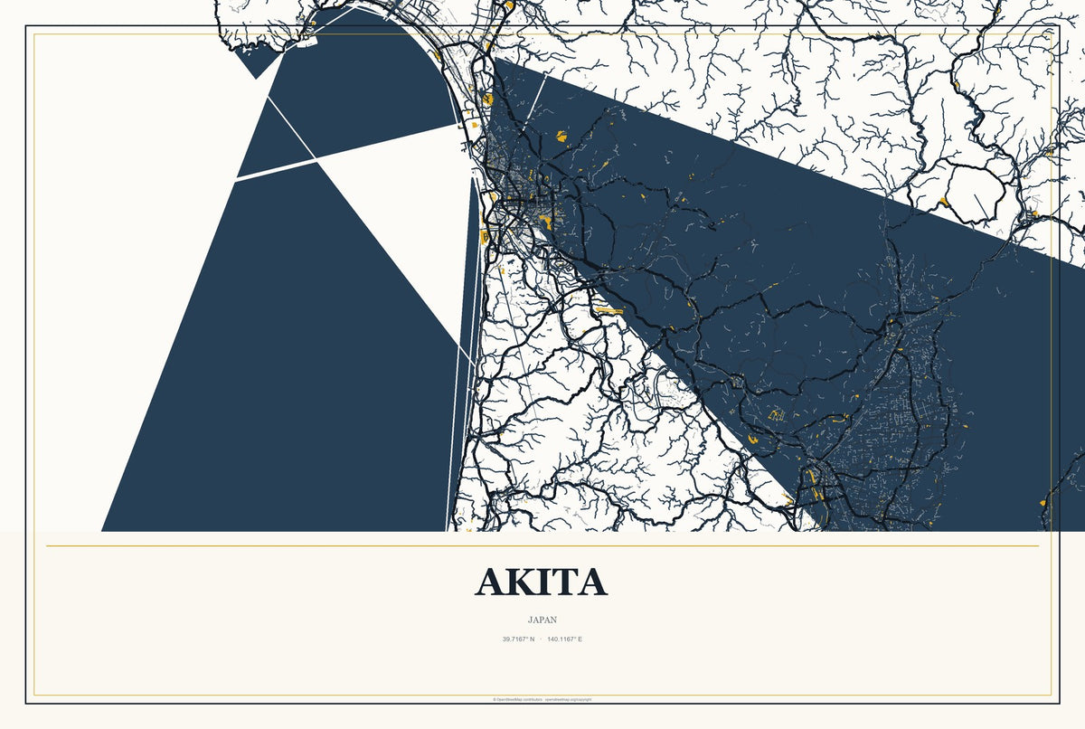 Akita, Japan City Map Aluminum Sign in Citrine Modern style