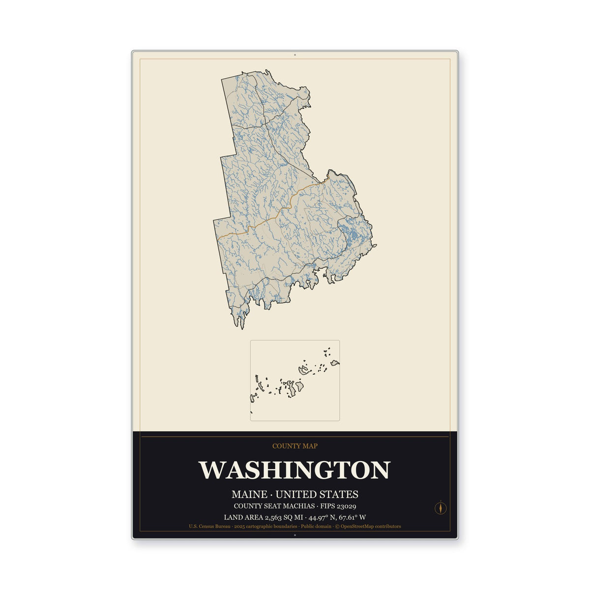 Washington County, Maine Map Aluminum Sign in Museum Plaque style