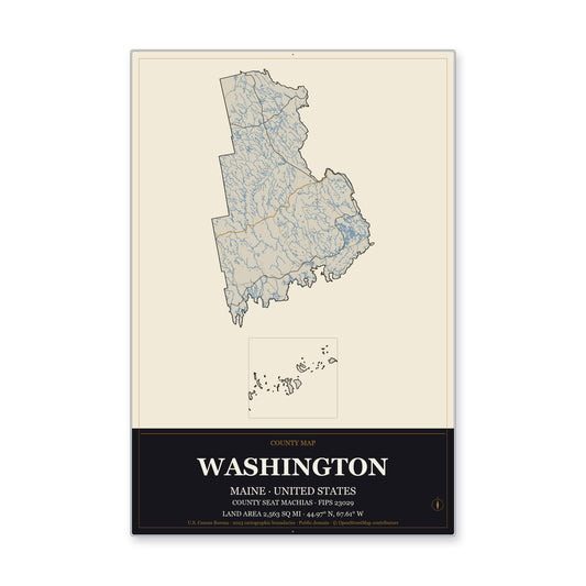 Washington County, Maine Map Aluminum Sign in Museum Plaque style
