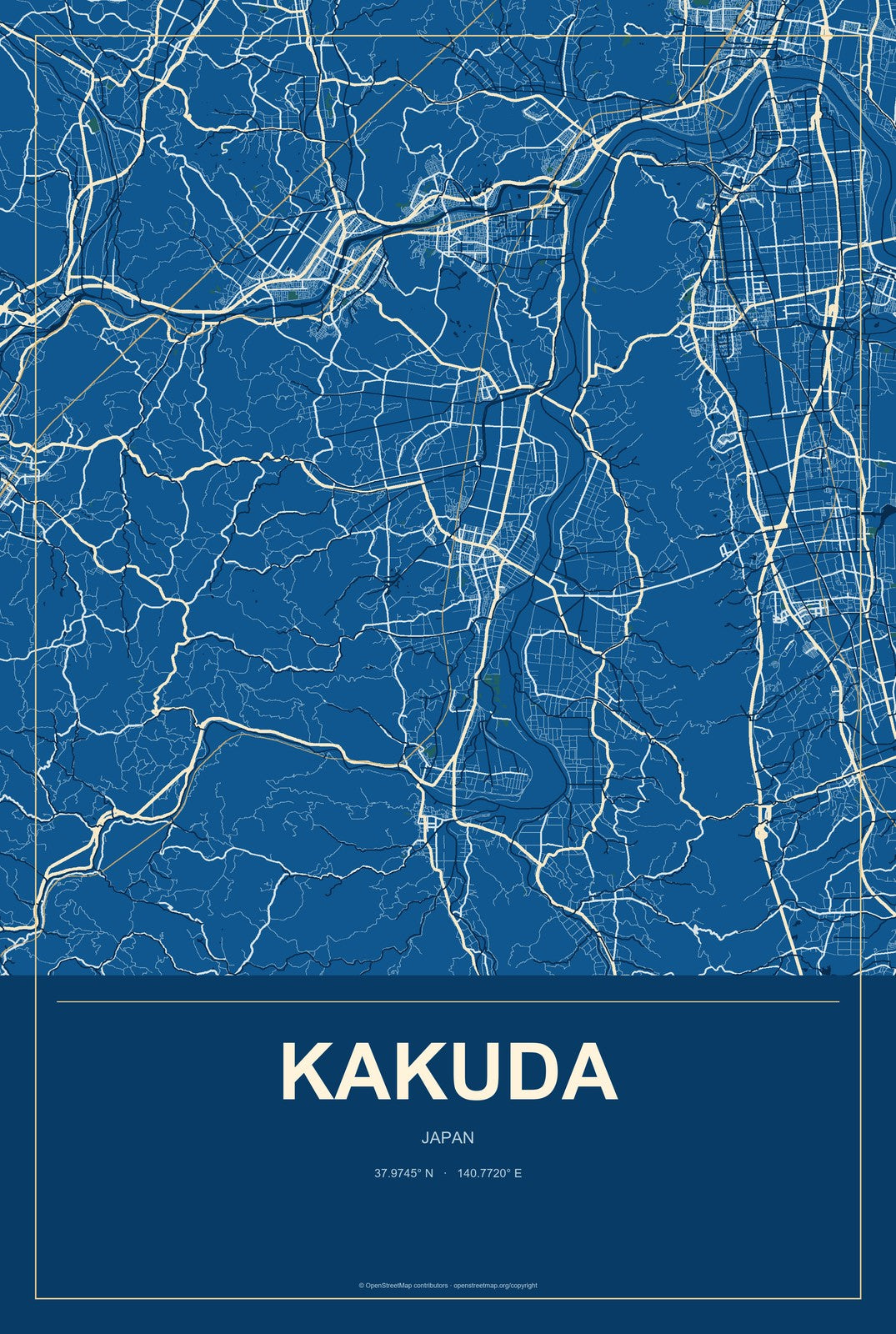 Kakuda, Japan City Map Aluminum Sign in Harbor Cobalt style