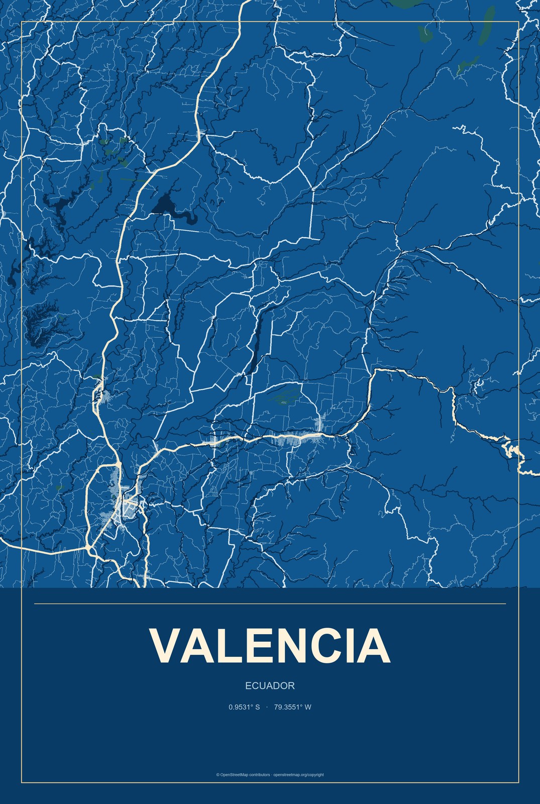 Valencia, Ecuador City Map Aluminum Sign in Harbor Cobalt style