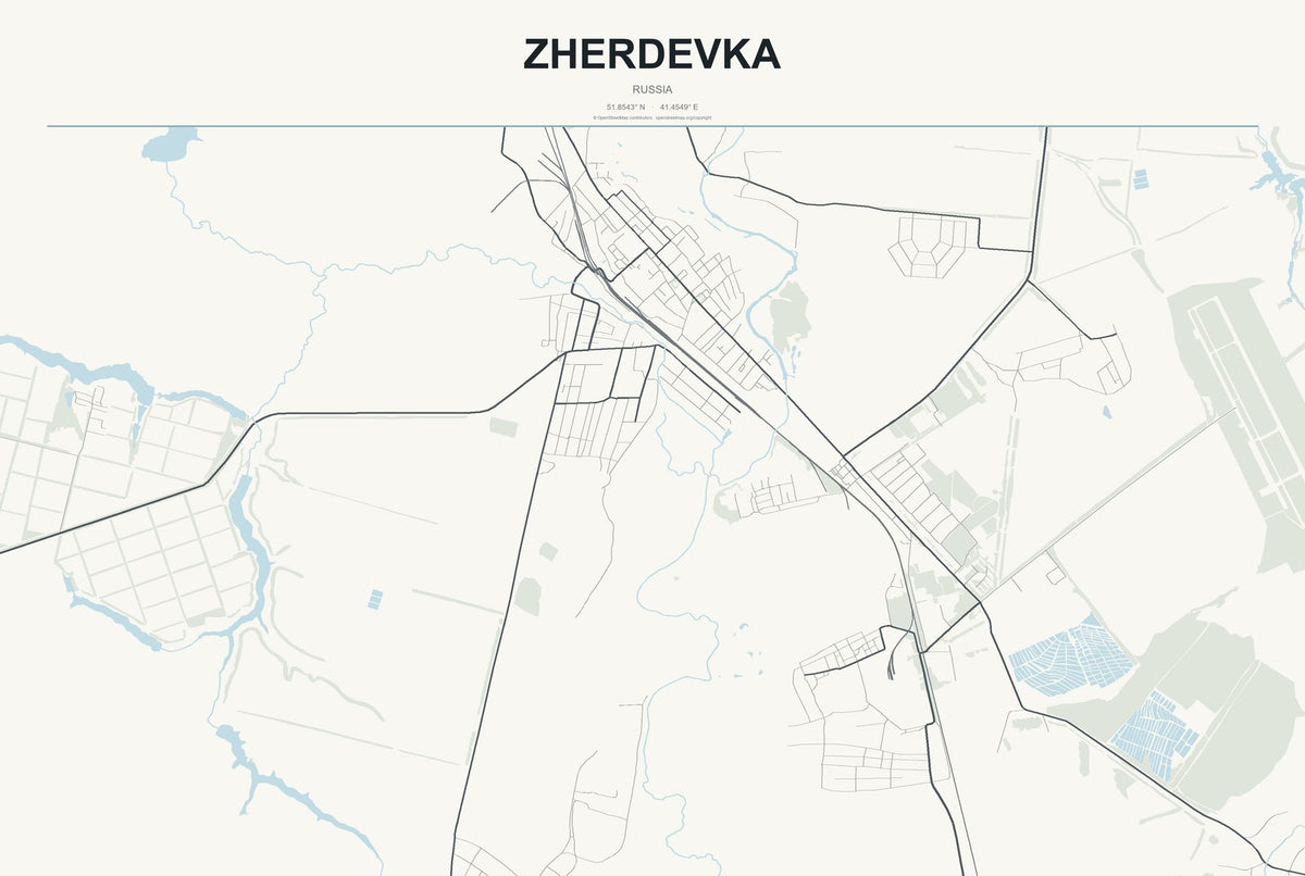 Zherdevka, Russia City Map Aluminum Sign in Headline Atlas style