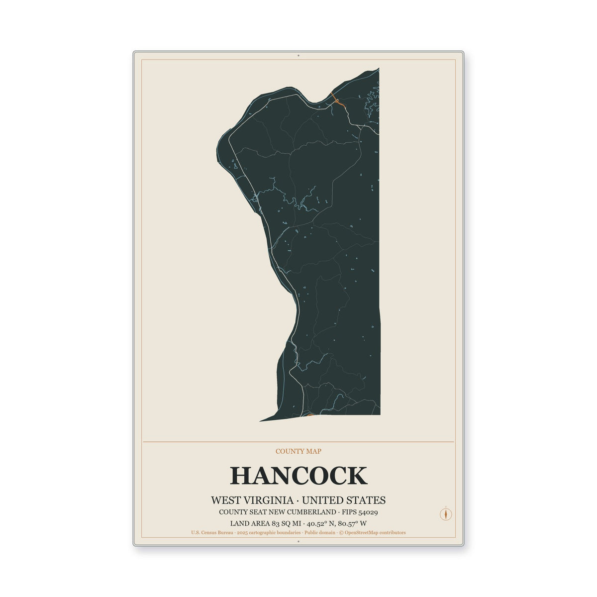 Hancock County, West Virginia Map Aluminum Sign in Headline Atlas style