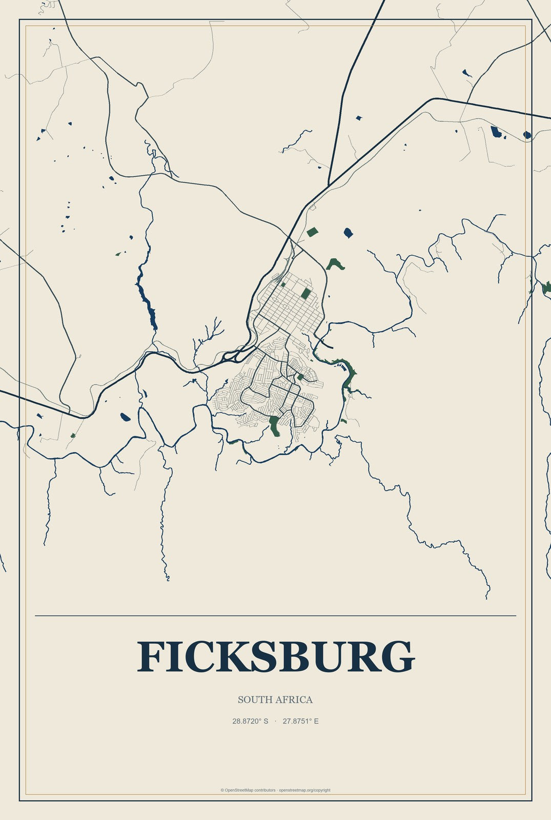 Ficksburg, South Africa City Map Aluminum Sign in Coastal Cutout style