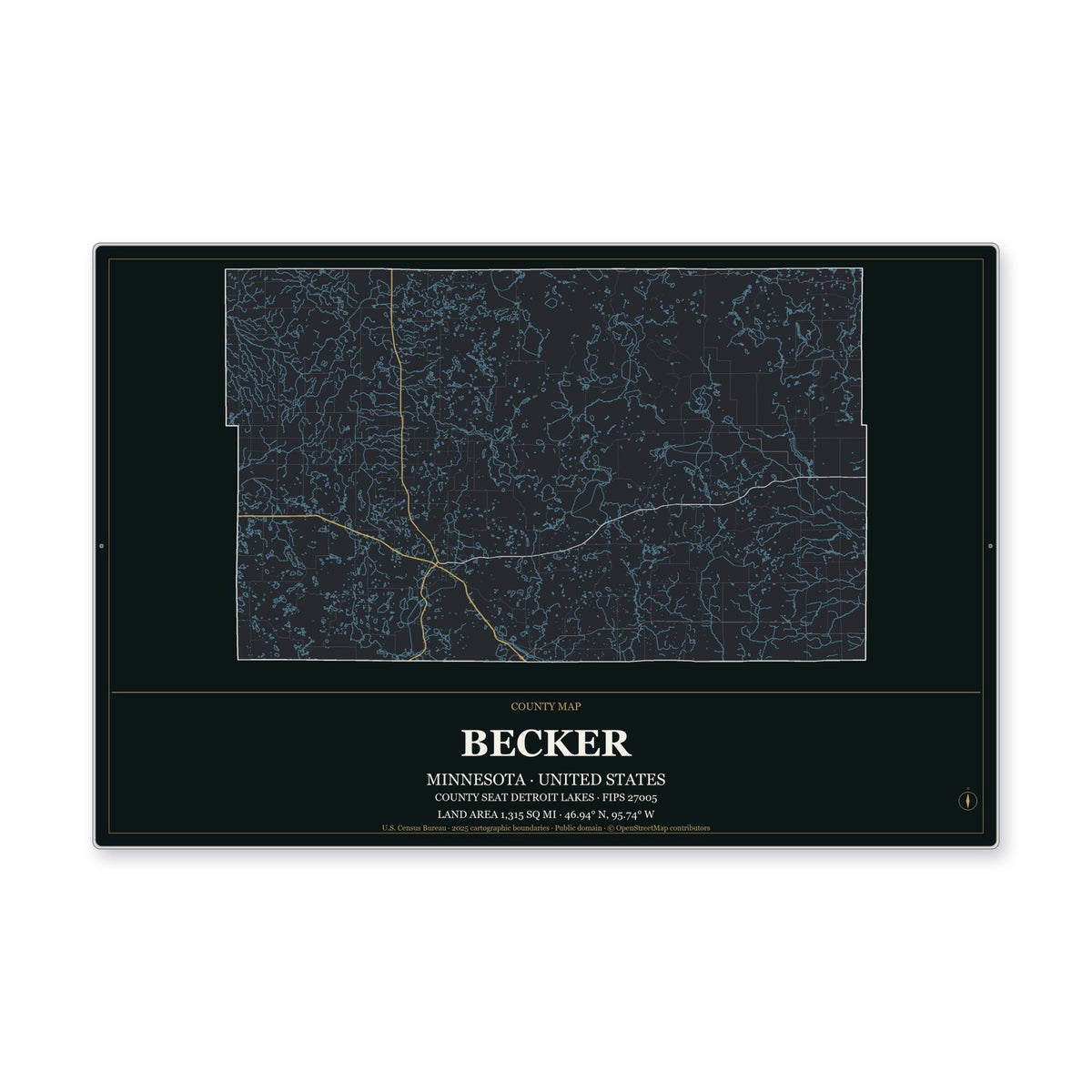 Becker County, Minnesota Map Aluminum Sign in Metropolitan Noir style