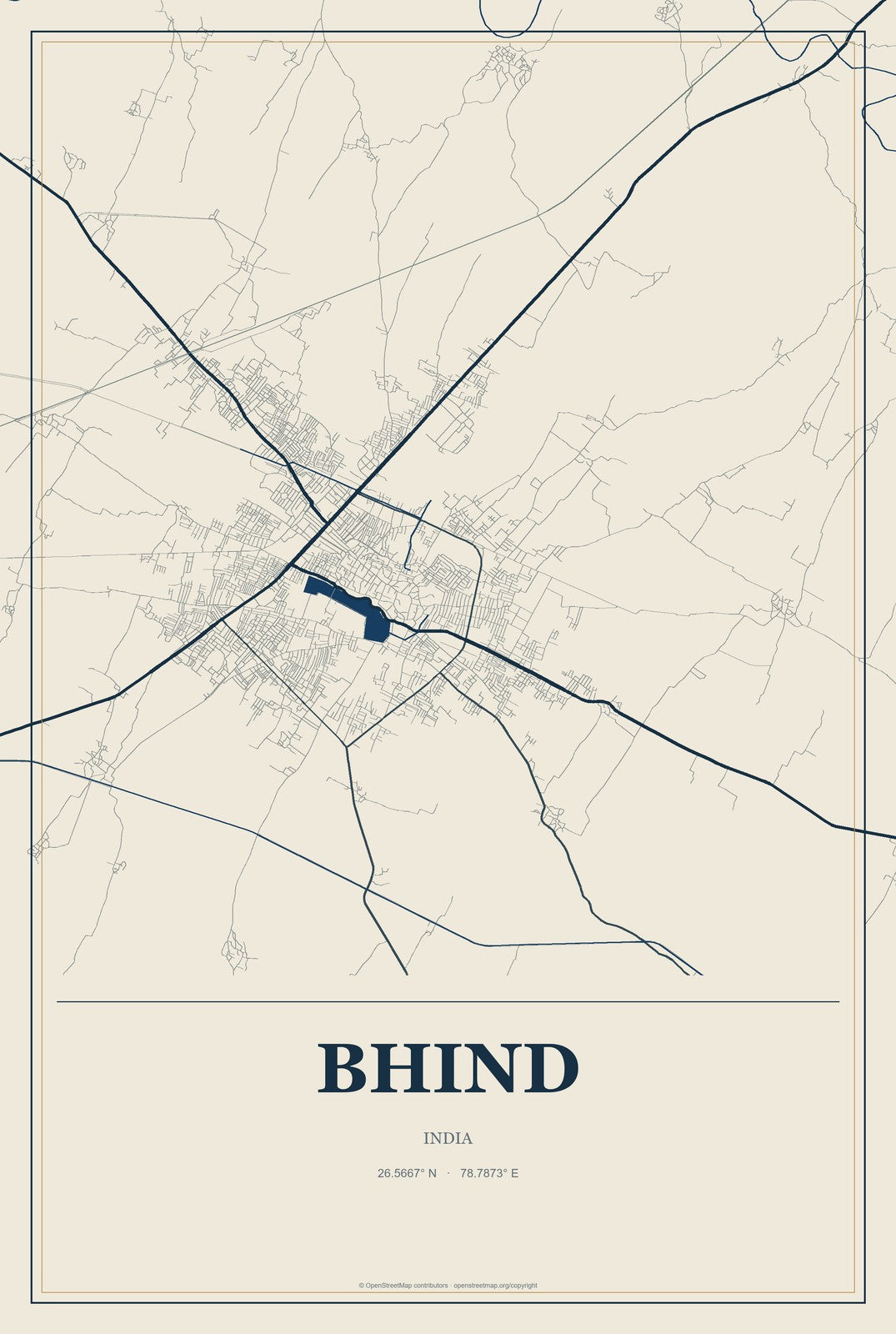 Bhind, India City Map Aluminum Sign in Coastal Cutout style