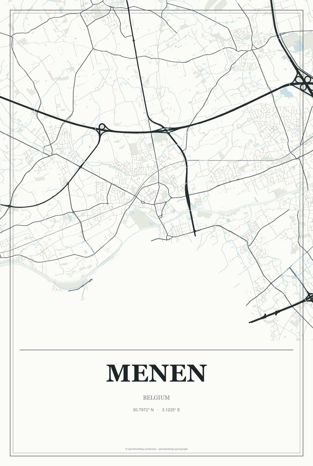 Menen, Belgium City Map Aluminum Sign in Gallery Air style