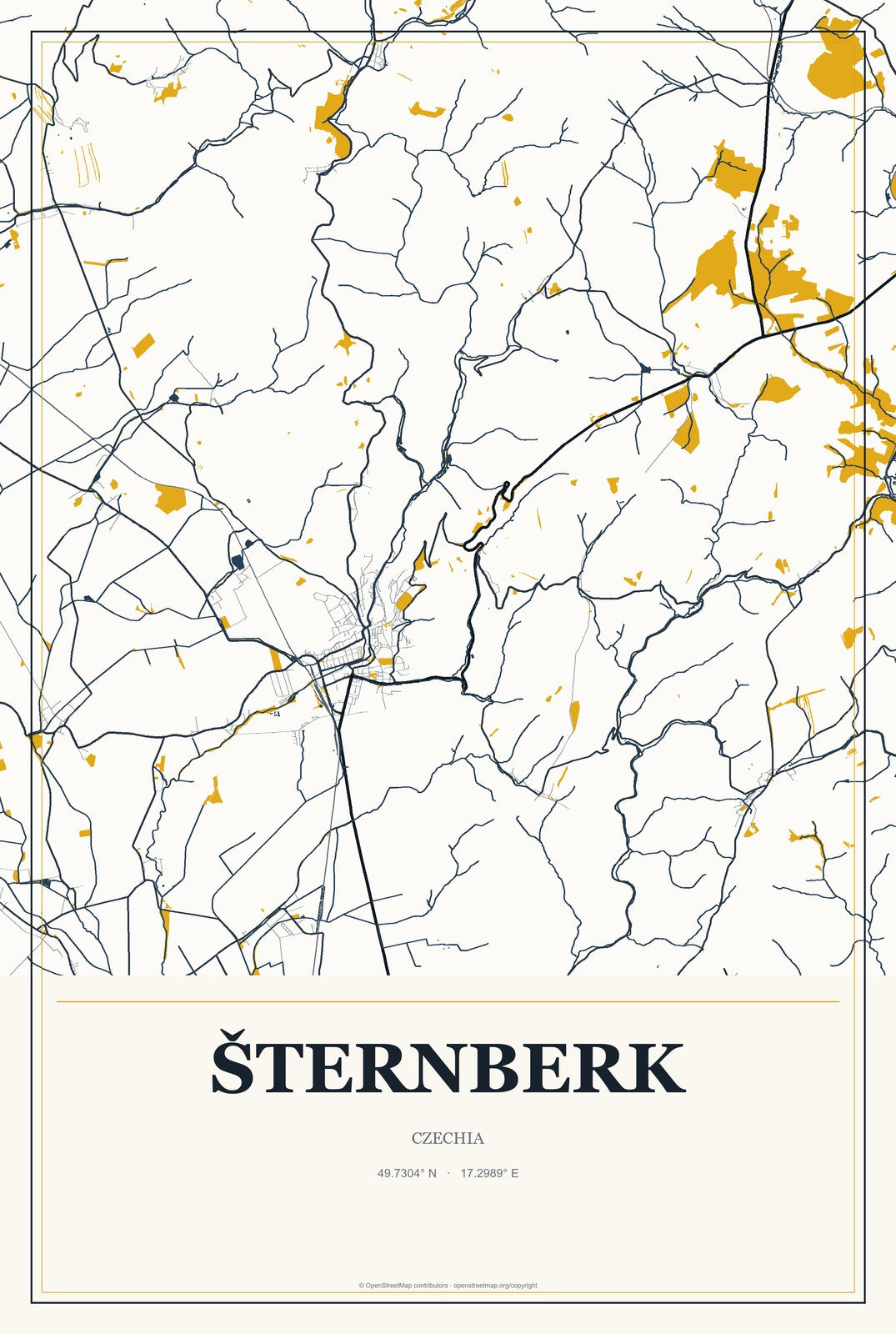 Šternberk, Czechia City Map Aluminum Sign in Citrine Modern style