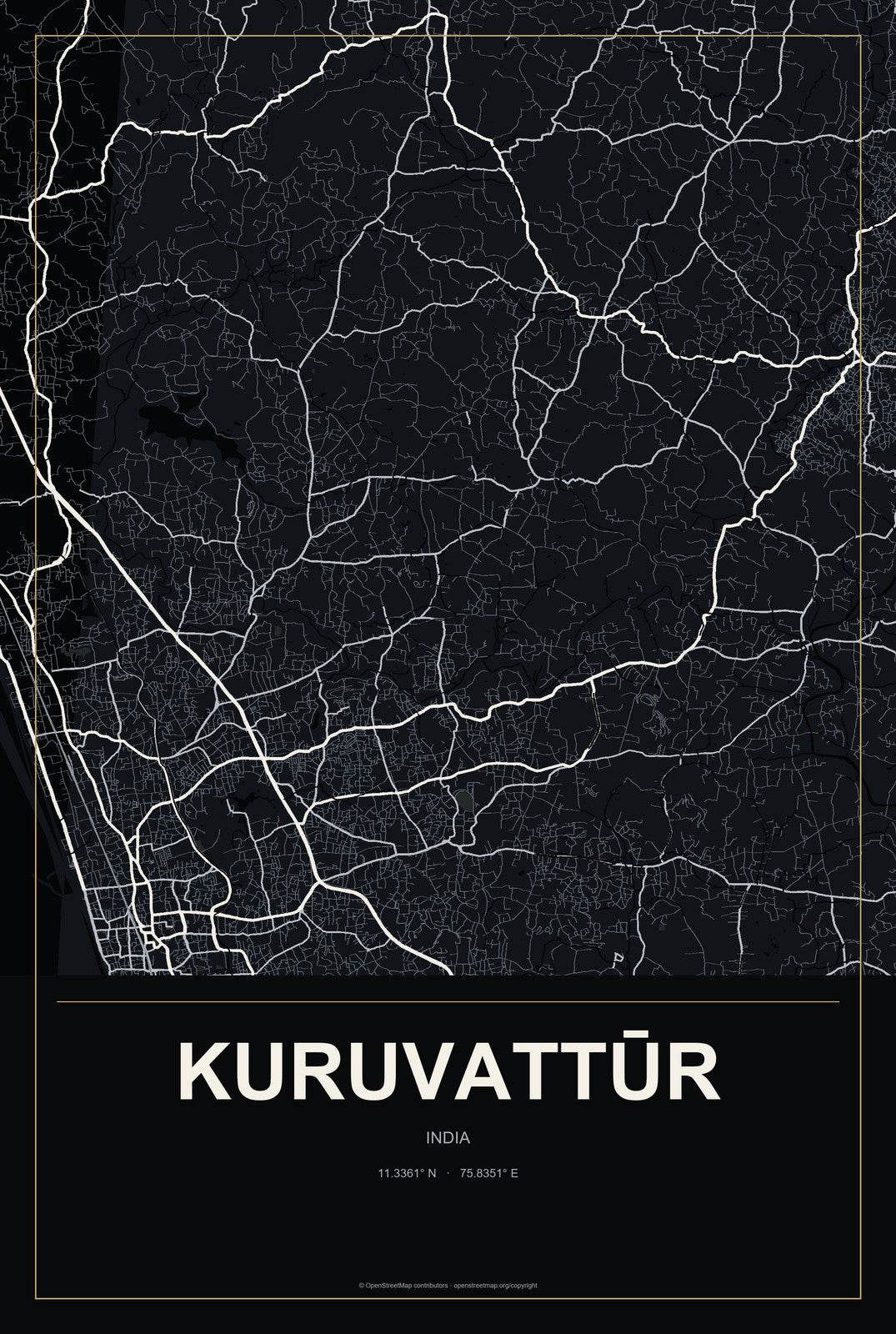 Kuruvattūr, India City Map Aluminum Sign in Metropolitan Noir style
