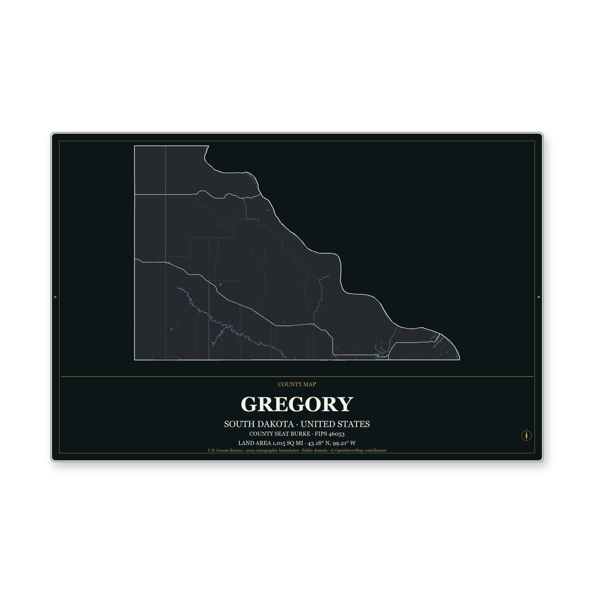 Gregory County, South Dakota Map Aluminum Sign in Metropolitan Noir style