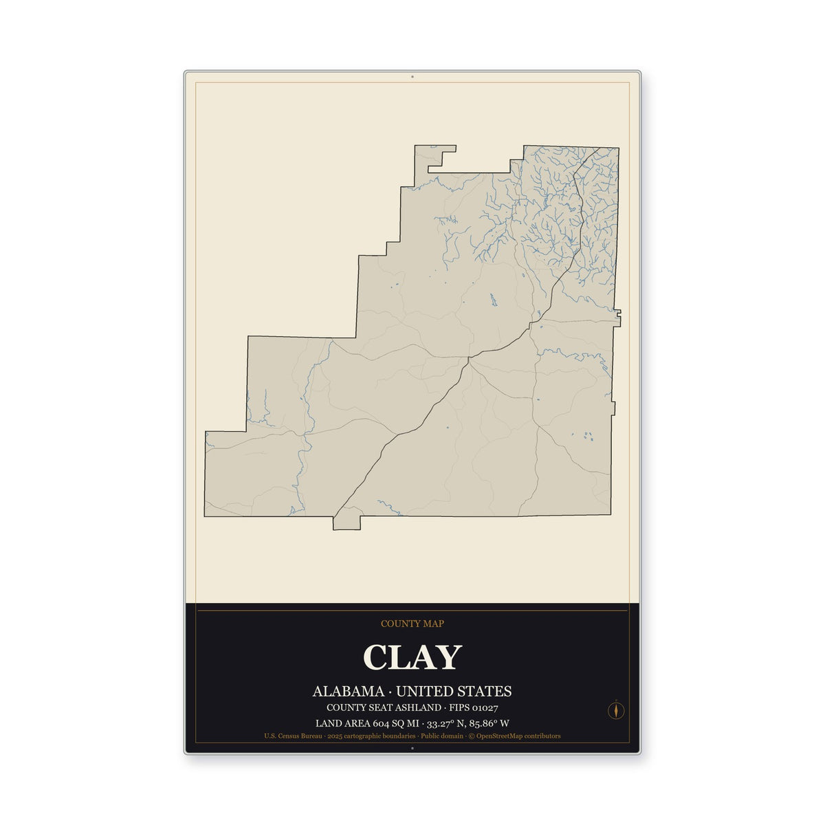 Clay County, Alabama Map Aluminum Sign in Museum Plaque style