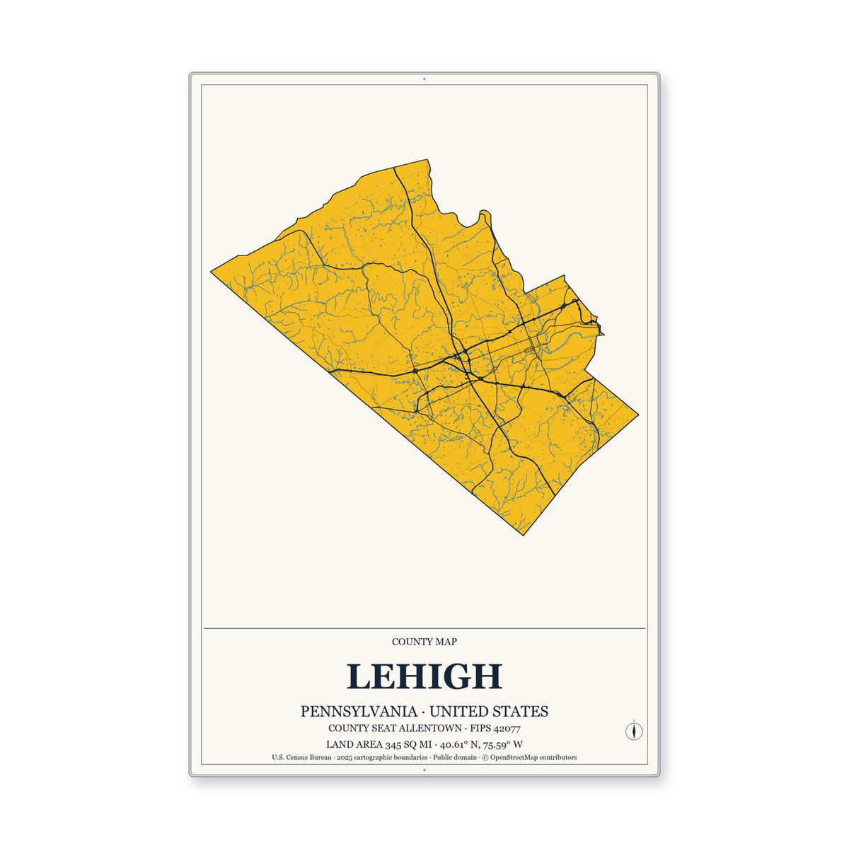 Lehigh County, Pennsylvania Map Aluminum Sign in Citrine Modern style