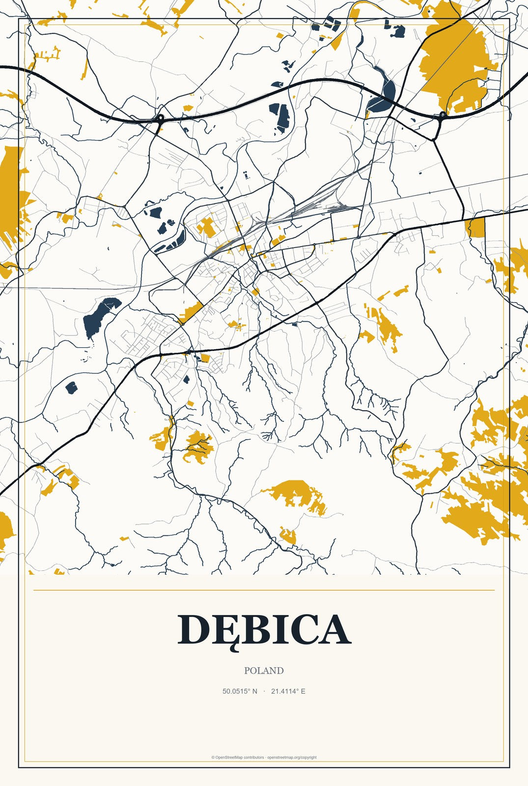 Dębica, Poland City Map Aluminum Sign in Citrine Modern style