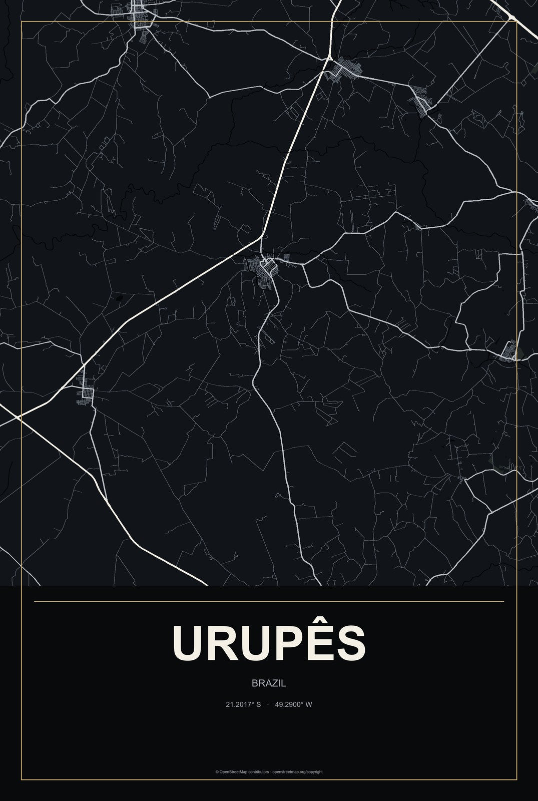 Urupês, Brazil City Map Aluminum Sign in Metropolitan Noir style