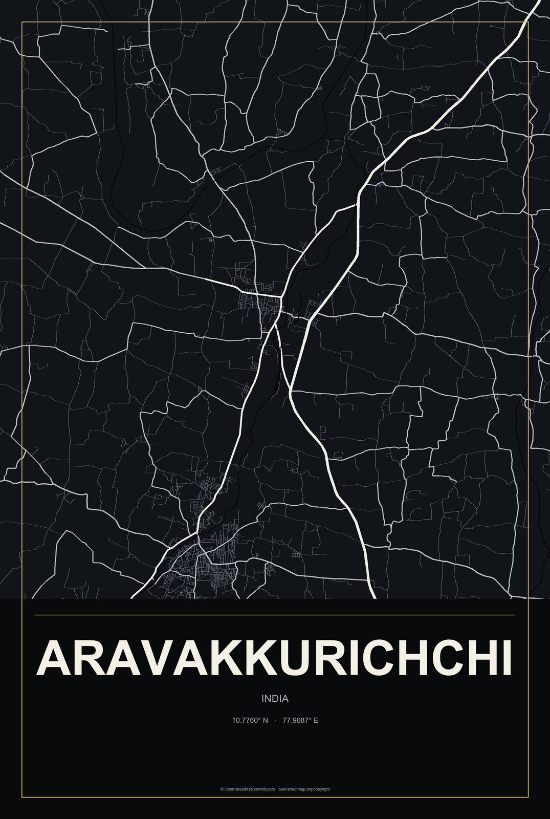 Aravakkurichchi, India City Map Aluminum Sign in Metropolitan Noir style