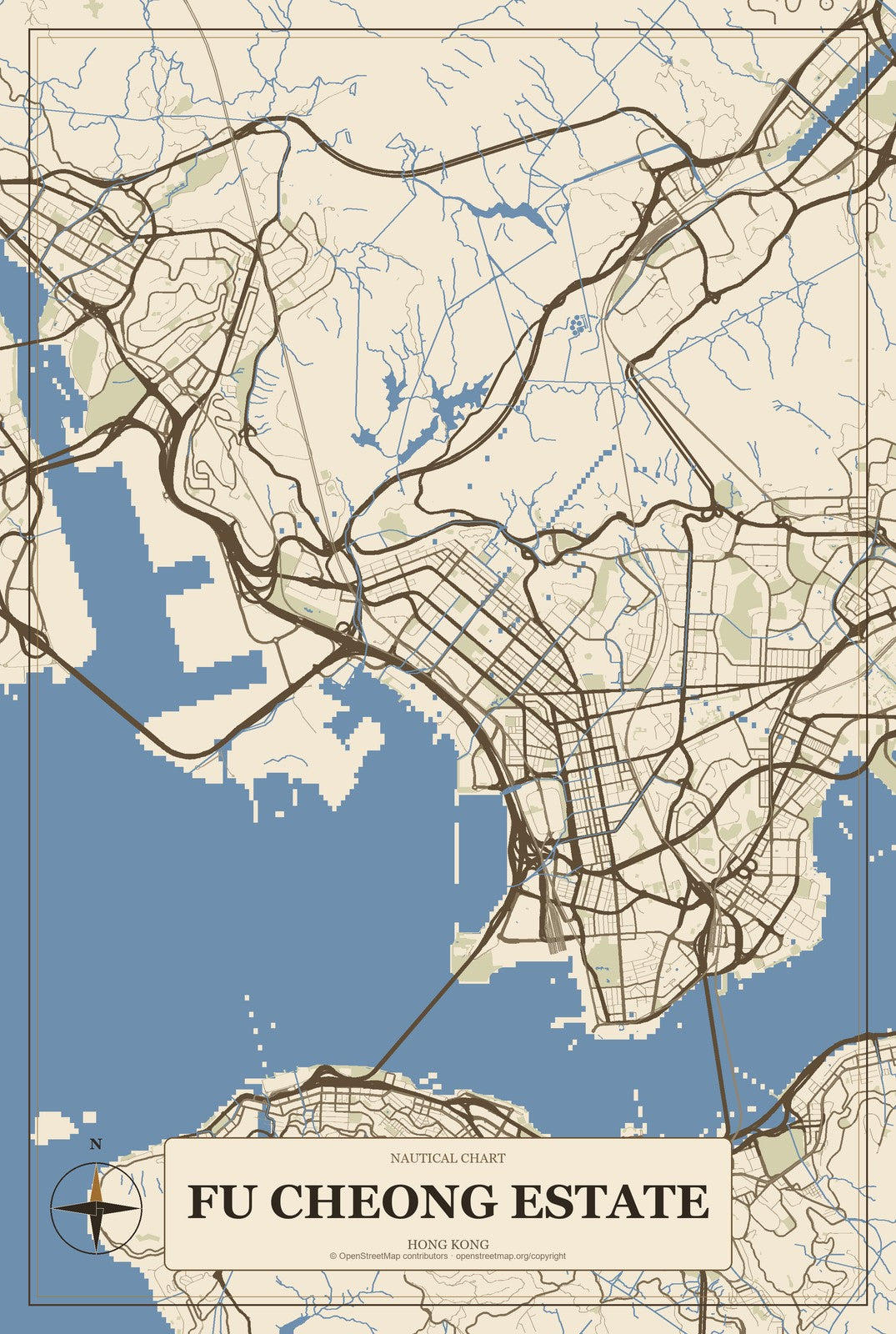 Fu Cheong Estate, Hong Kong City Map Aluminum Sign in Heritage Nautical style