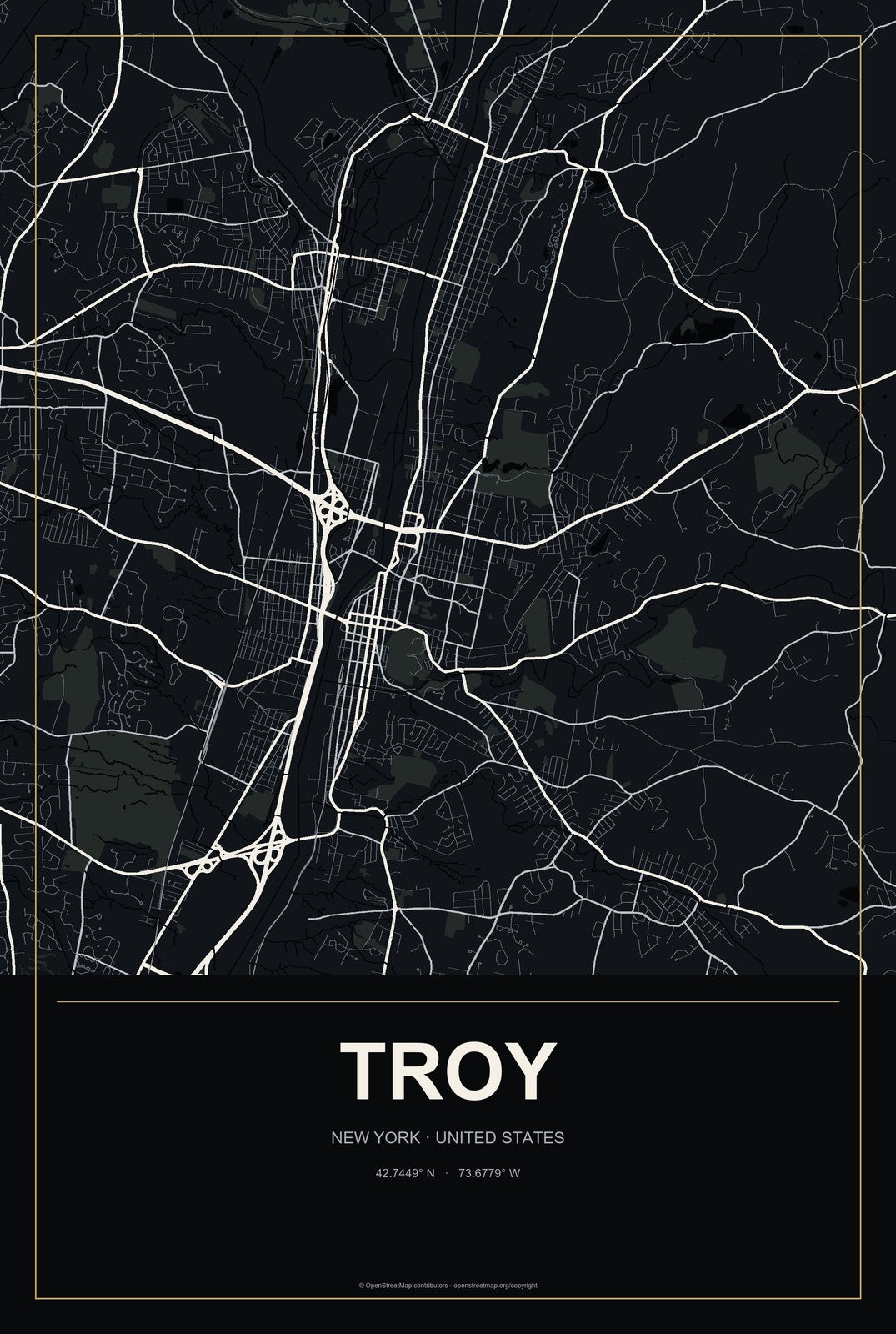 Troy, New York City Map Aluminum Sign in Metropolitan Noir style