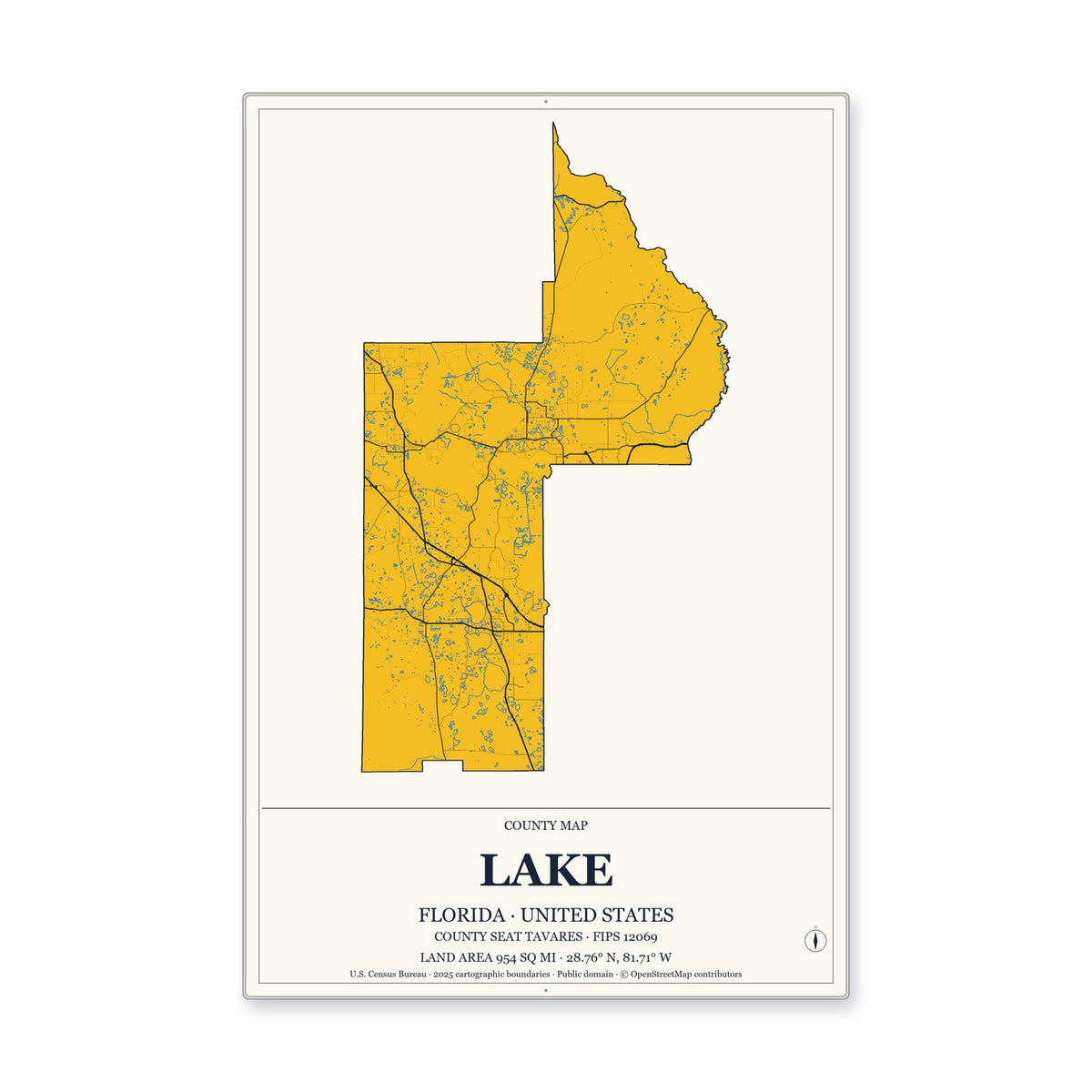 Lake County, Florida Map Aluminum Sign in Citrine Modern style
