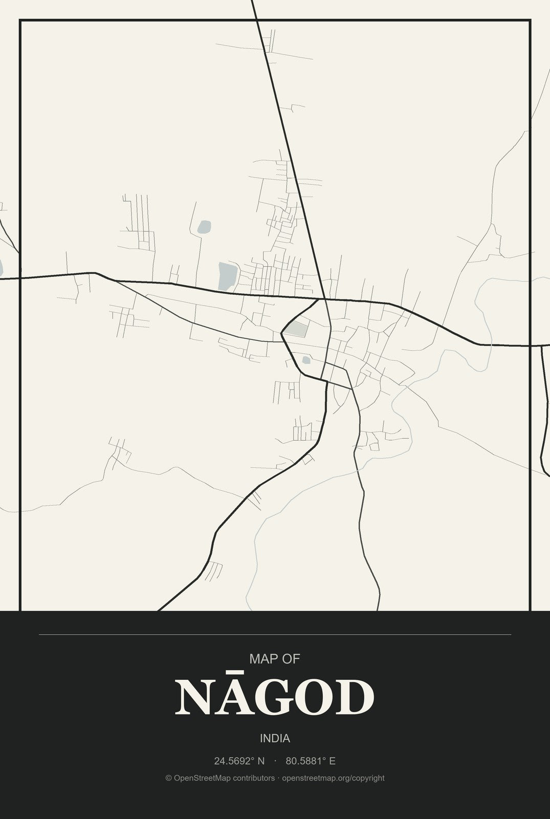 Nāgod, India City Map Aluminum Sign in Museum Plaque style