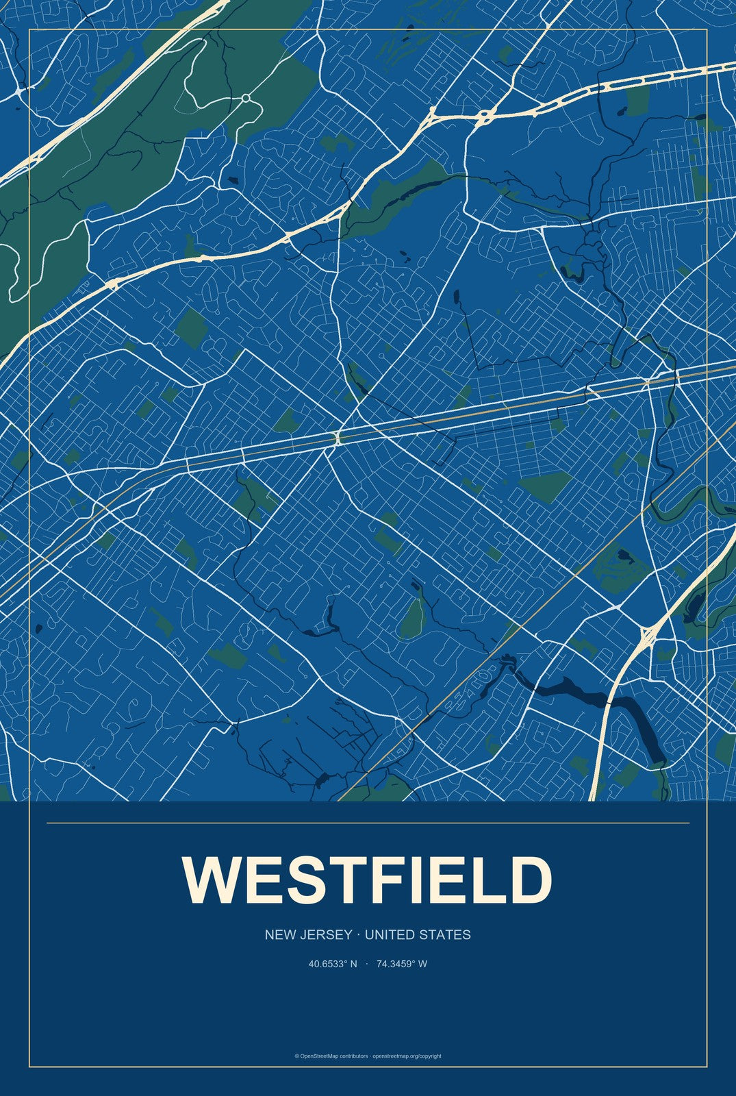 Westfield, New Jersey City Map Aluminum Sign in Harbor Cobalt style