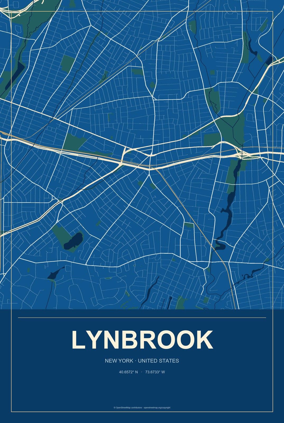 Lynbrook, New York City Map Aluminum Sign in Harbor Cobalt style