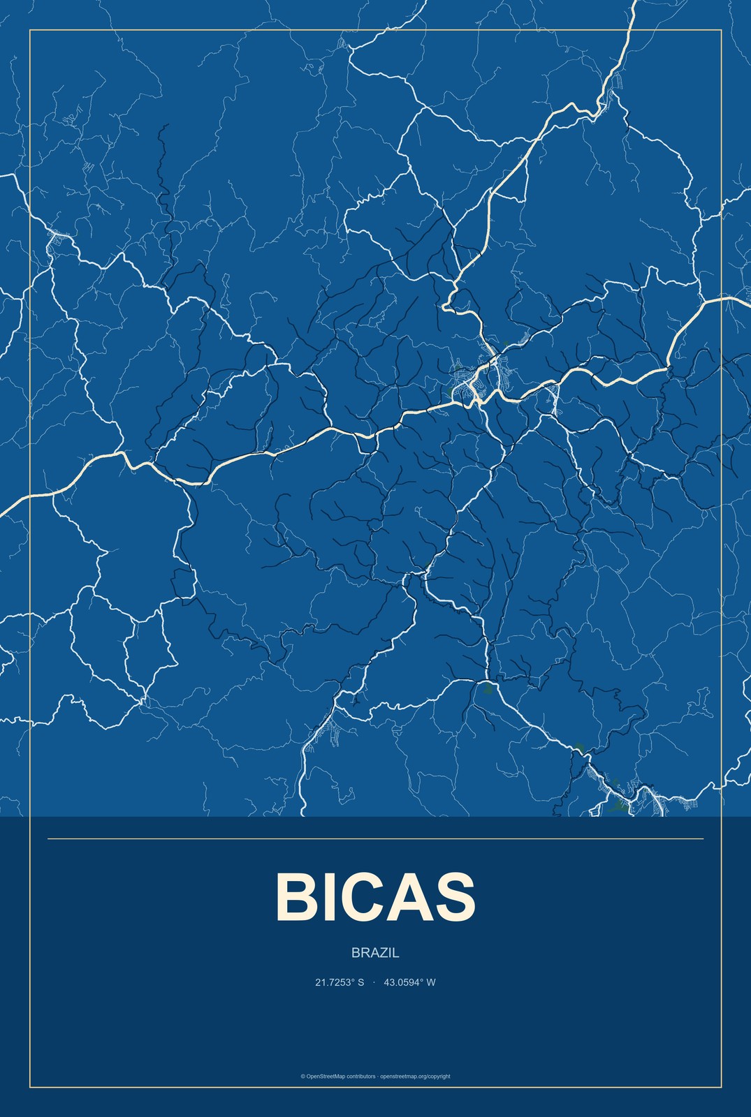 Bicas, Brazil City Map Aluminum Sign in Harbor Cobalt style