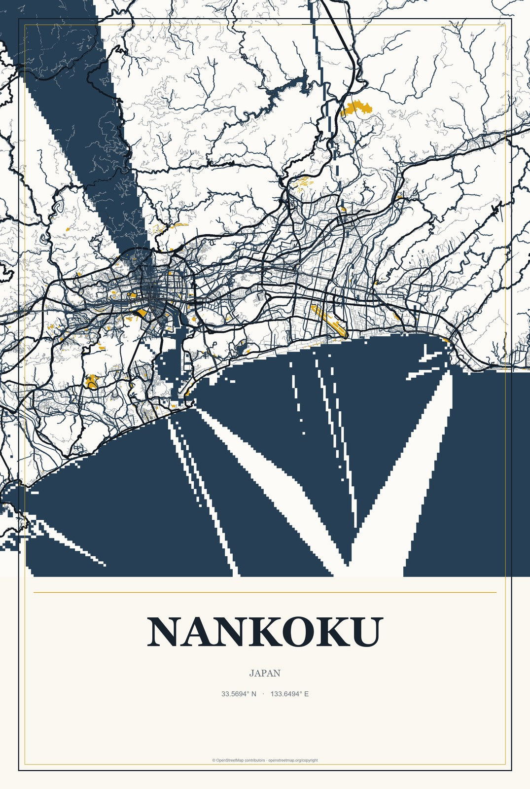 Nankoku, Japan City Map Aluminum Sign in Citrine Modern style